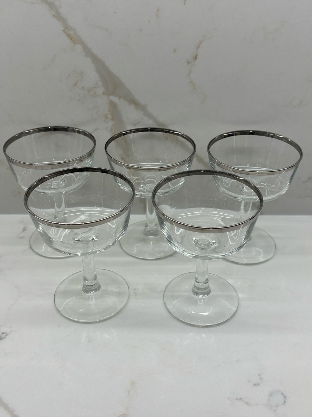 Vintage Set 5 Cristal D’Arques Glass Champagne Coupe Dessert Glasses Silver Rim
